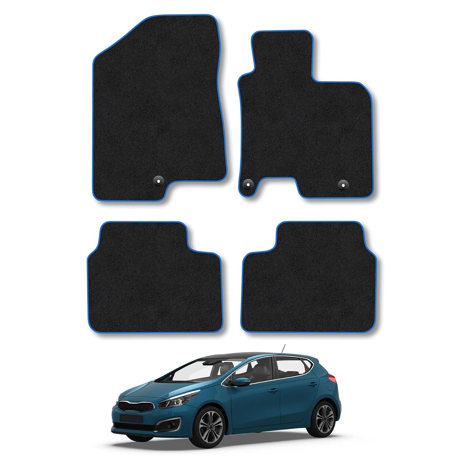 Kia Ceed (2012-2018) Car Mats Accessories Tailored Fit Carpet Floor Mats Non Slip Blue Trim Full Coverage Compatible Accessory Granulated Backing Front Rear Set Anti Slip Hand-Finished Clips