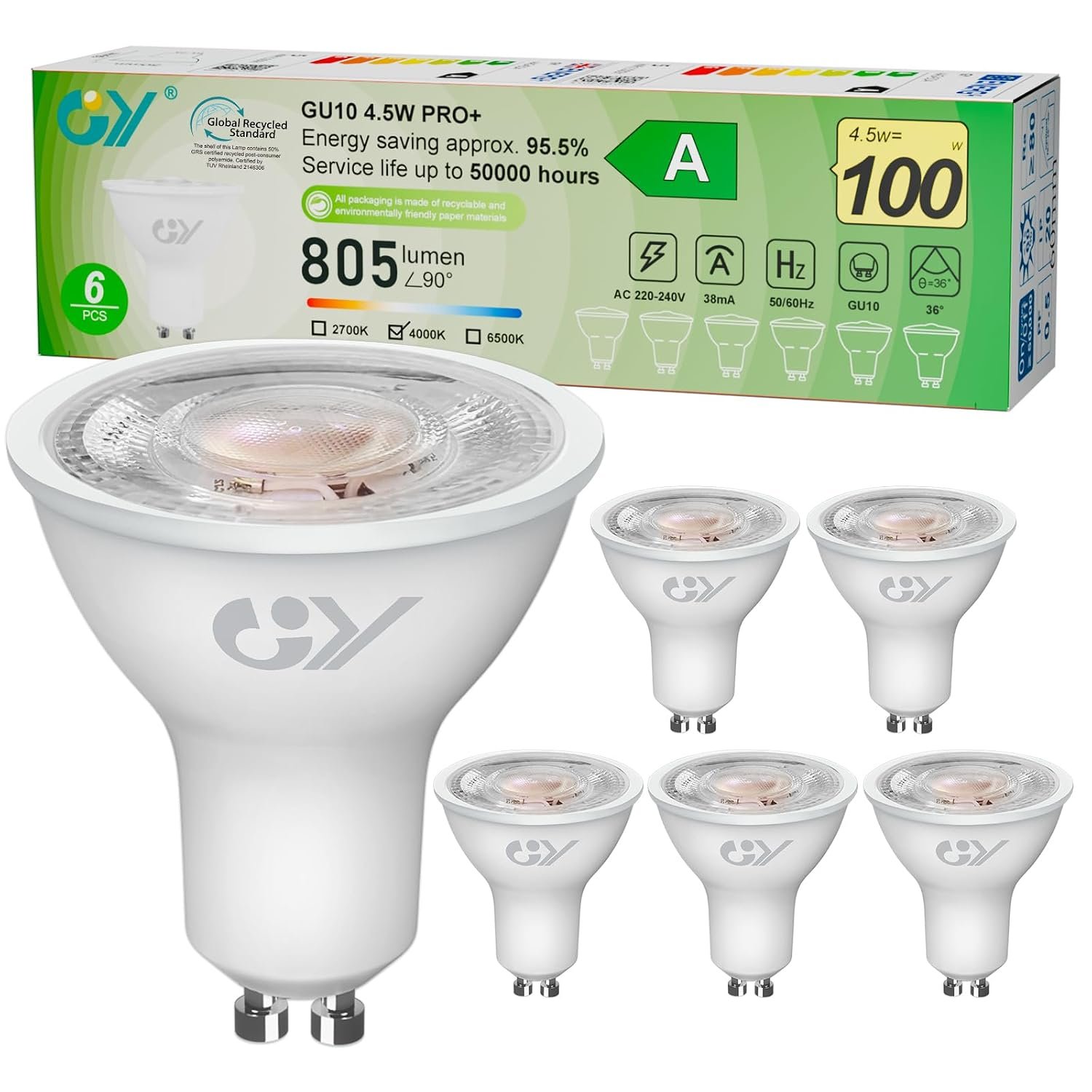 GY GU10 Spotlight 36° Beam Angle LED Bulbs Energy Efficiency Class A, Neutral White 4000K 805LM,Equivalent to 100W, Non-Dimmable, Pack of 6