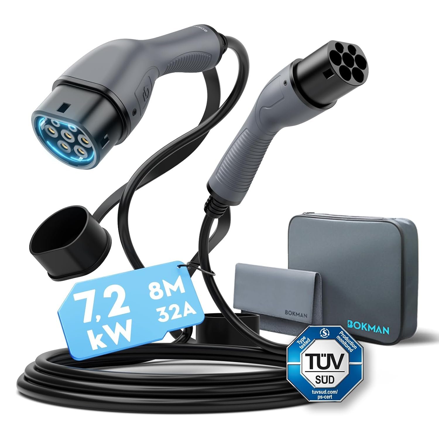 bokman Type 2 EV Charging Cable, Mode 3 / 32A / 7.2KW / 1 Phase / 8 Meter, Electric Vehicle Car Plug-in Hybrid Type 2 to Type 2 Fast Charging Cable