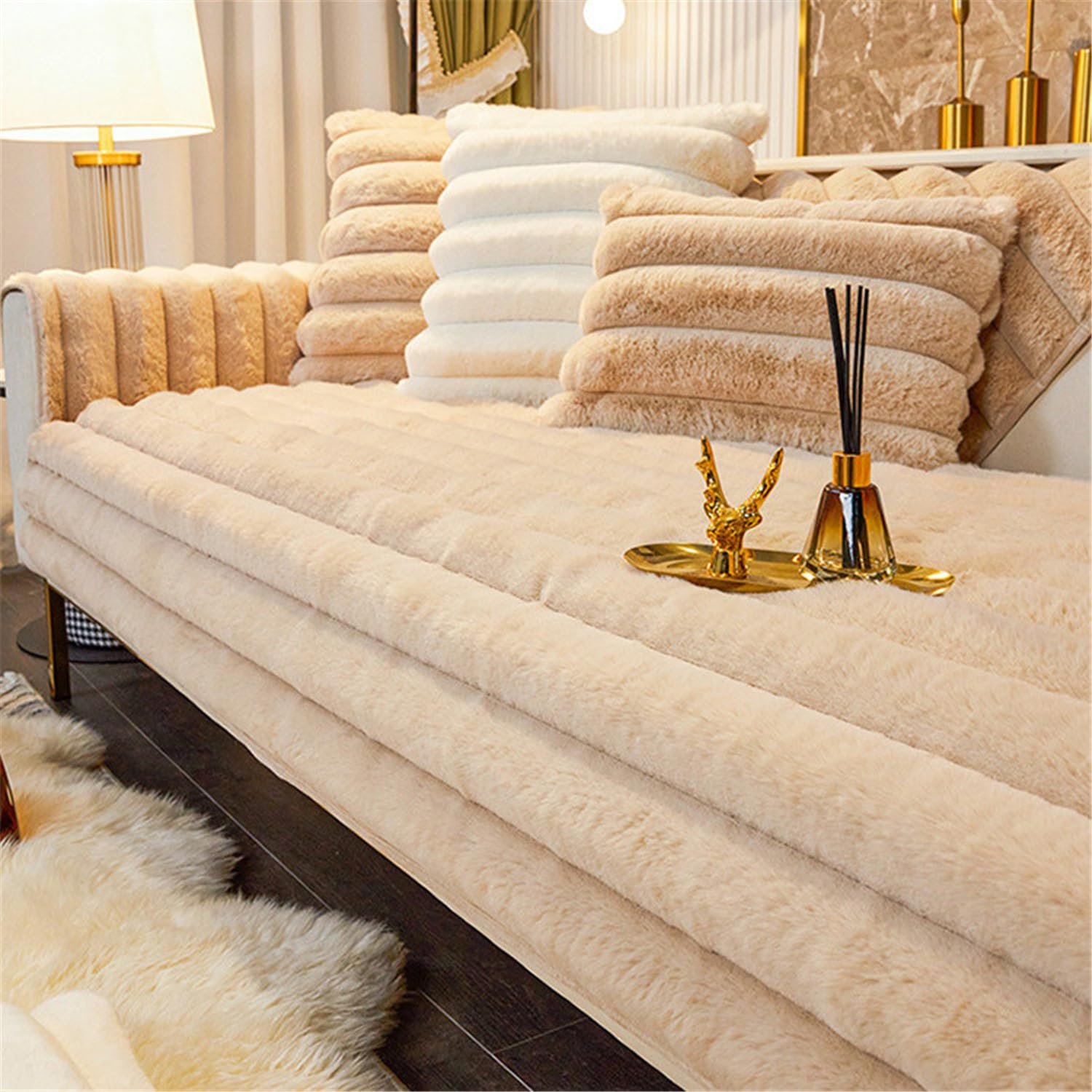 LINGKY Thick Rabbit Plush Sofa Covers 1 2 3 Seater, Non-Slip Sofa Slipcovers For Corner L Shape, Funny Fuzzy Sofa Cover, Warm Velvet Sofa Cushion Covers, Washable Furniture Protector (Camel,90x120cm)