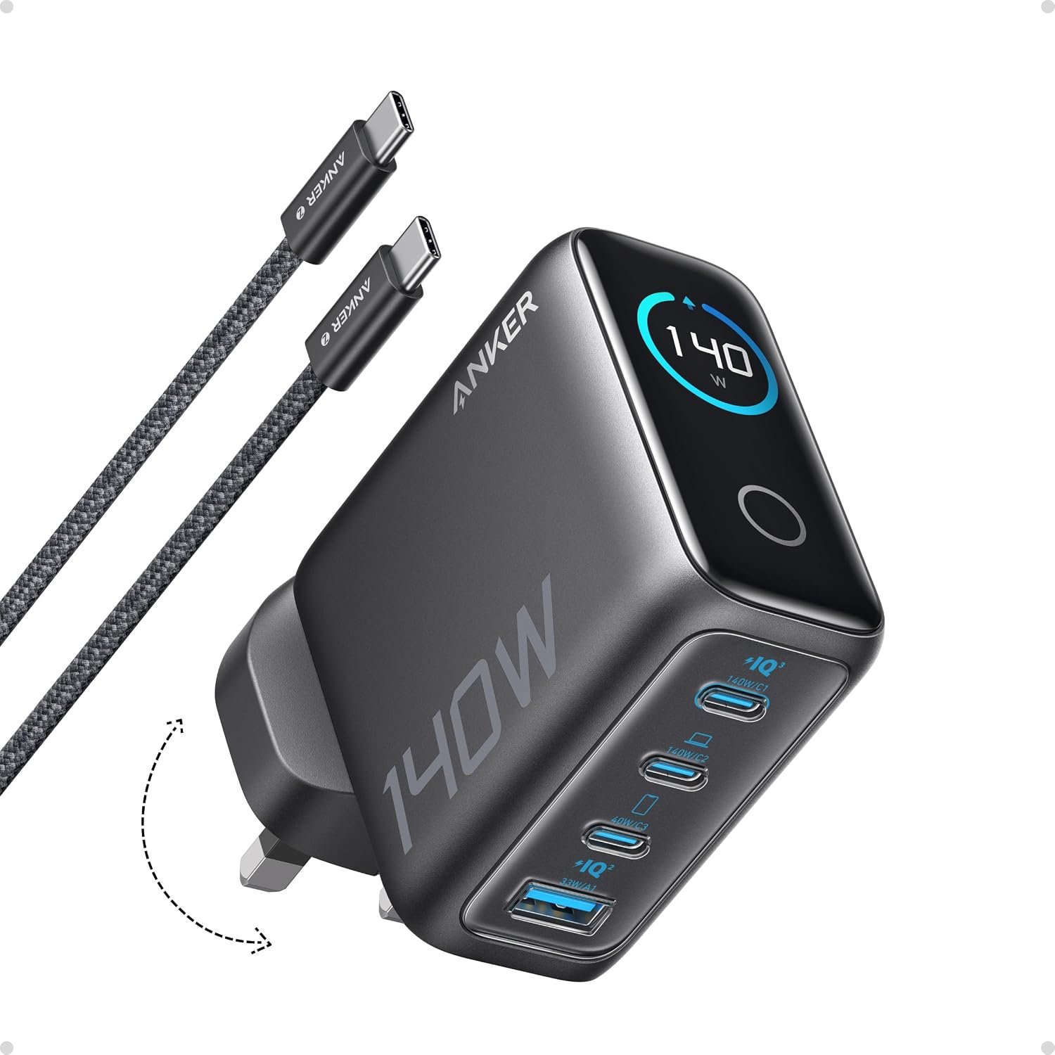 140W USB-C Charger, Anker Laptop Charger, 4-Port Multi-Device Fast Charging, Advanced GaN Power Adapter, Intuitive Touch Controls, Compatible with MacBook, iPhone 16 Series, Samsung, Pixel (Dark Gray)