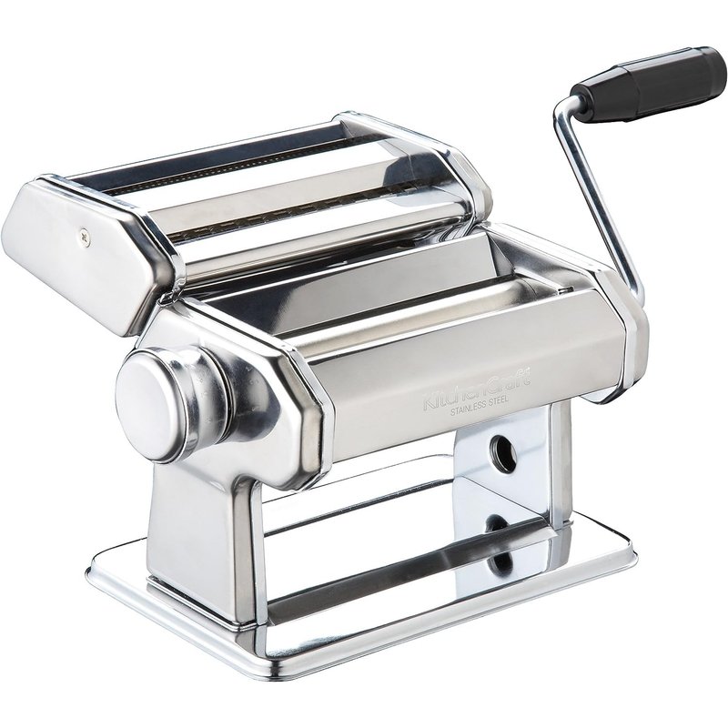 KitchenCraft World of Flavours Pasta Maker, Manual Pasta Machine with 9 Adjustable Thickness, Italian Deluxe Double Cutter, Stainless Steel