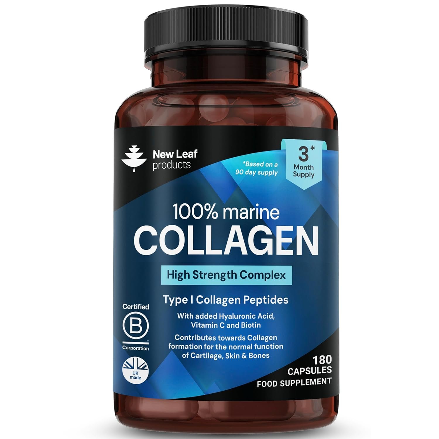 Pure Marine Collagen 100% Marine Collagen Type 1 1500mg - 180 Capusles Hydrolysed Collagen Peptides Enhanced with Hyaluronic Acid & Vitamin C, High Strength Collagen Supplements for Women and Men