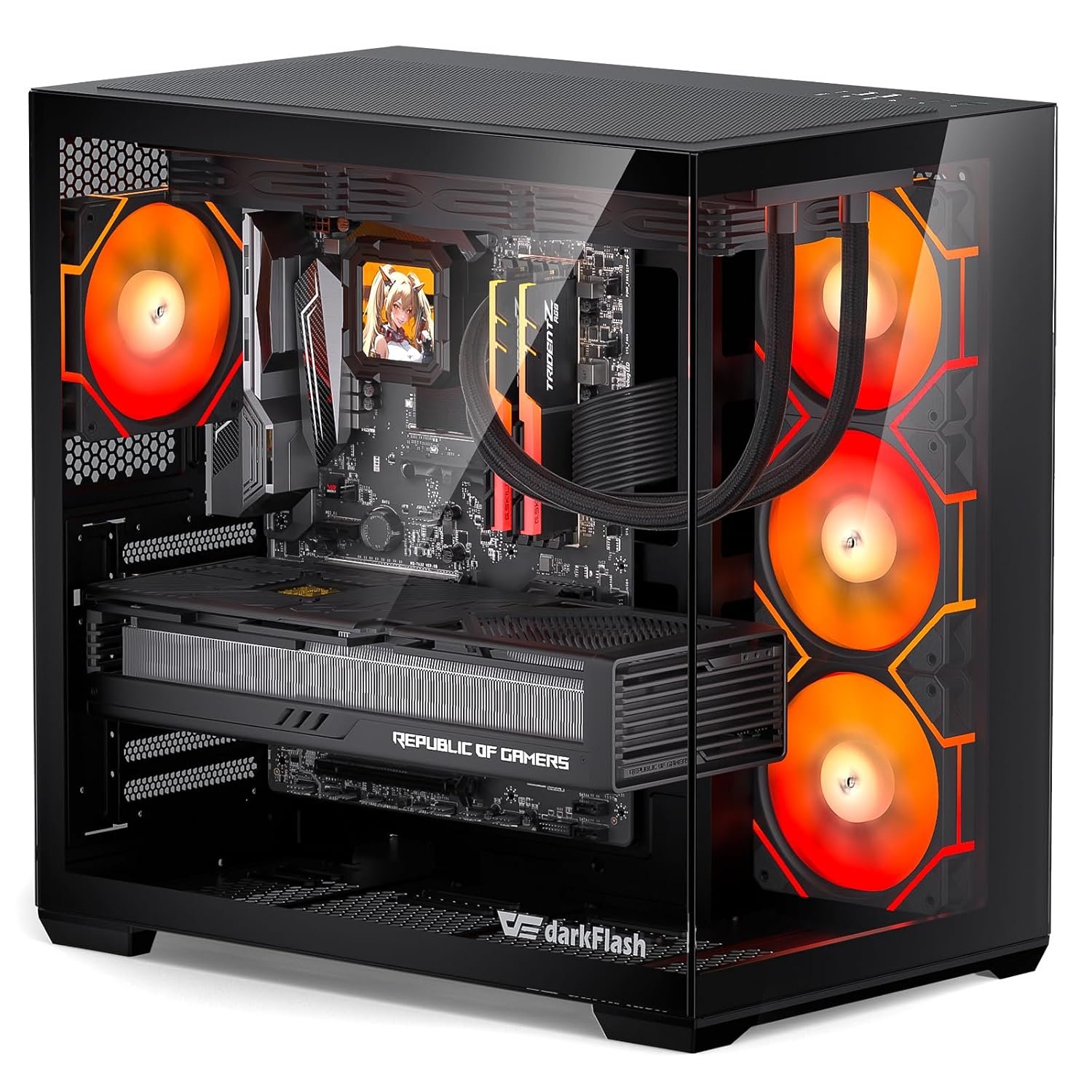 darkFlash C280 E-ATX PC Case, Six-Sided Ventilated Gaming Case, Up to 420mm Radiator, Vertical GPU Mount, Back Connect, Type C, High Airflow, 4 x PWM Fans Included (Black)