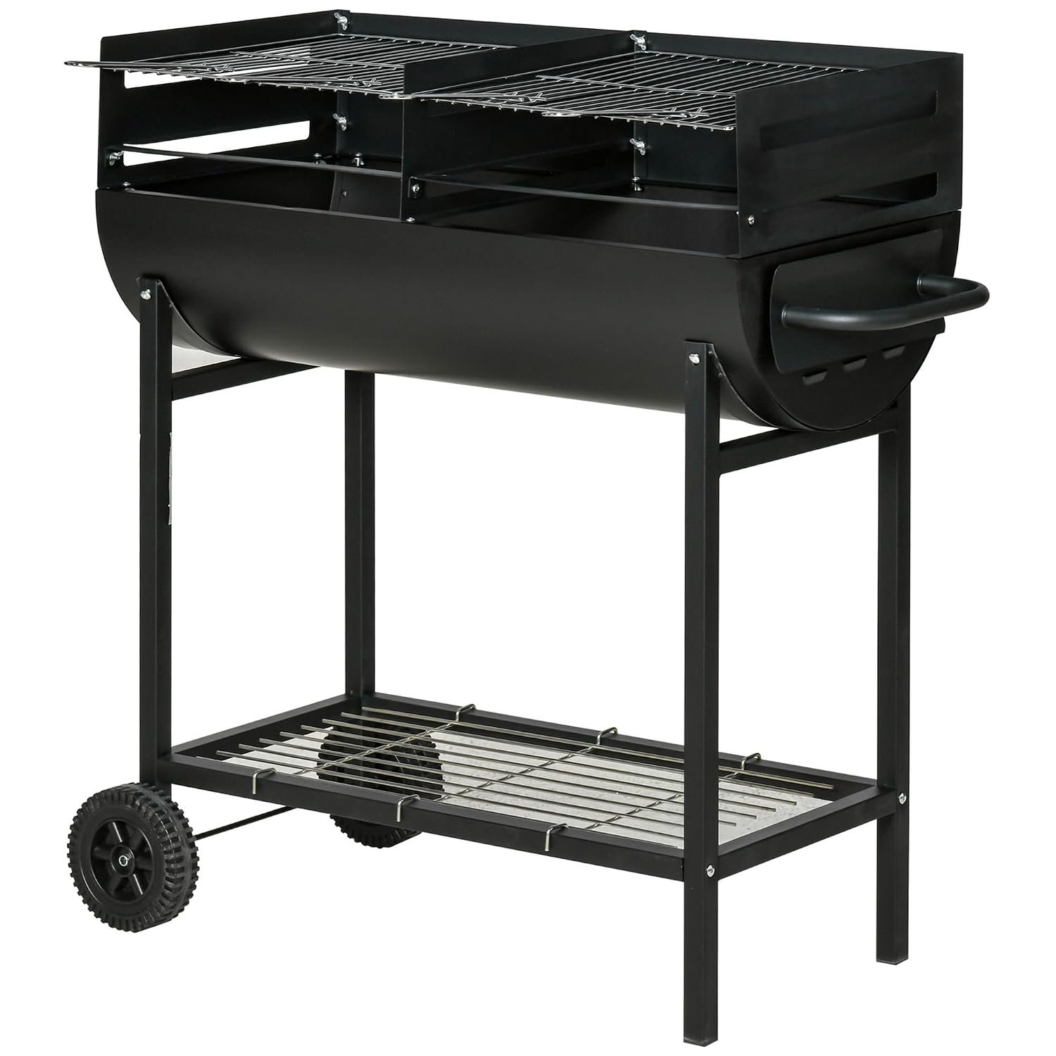 Outsunny Trolley Charcoal BBQ Barbecue Grill Cooker with 3-Level Adjustable Height Grill Nets, Patio Outdoor Garden Heating Heat Smoker with Wheels, 90 x 45 x 96 cm, Black