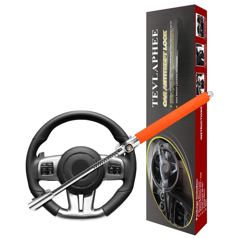 Tevlaphee Steering Wheel Lock, Steering Lock, Car Anti-Theft Device, Adjustable, Universal Fit, Heavy Duty Secure, 3 Keys, Emergency Hammer Window Breaker(Orange)