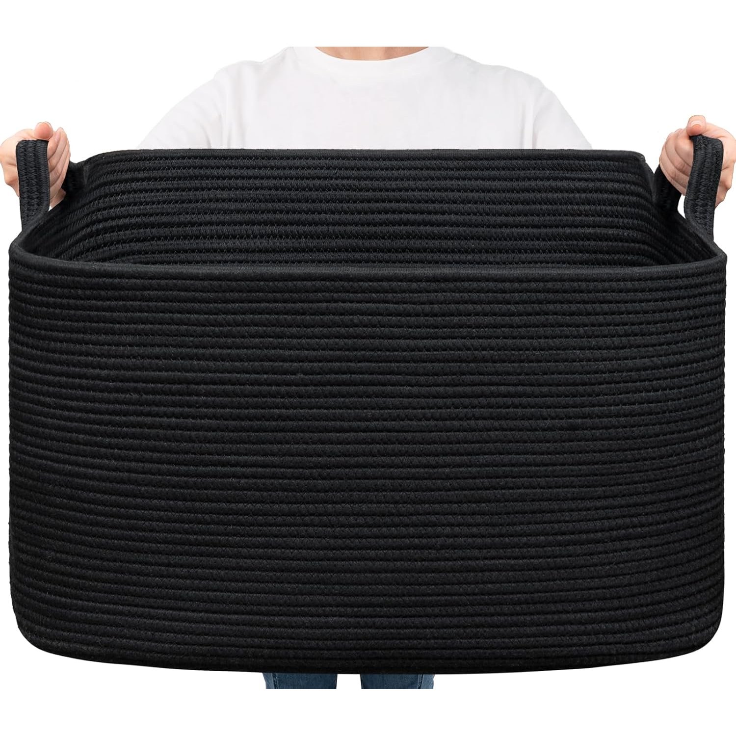 TIMEYARD 85 L Extra Large Storage Basket, Rectangle Cotton Rope Basket for Blankets, Pillows, Toys, Woven Dirty Clothes Baskets for Laundry, 60x40x35cm, Black