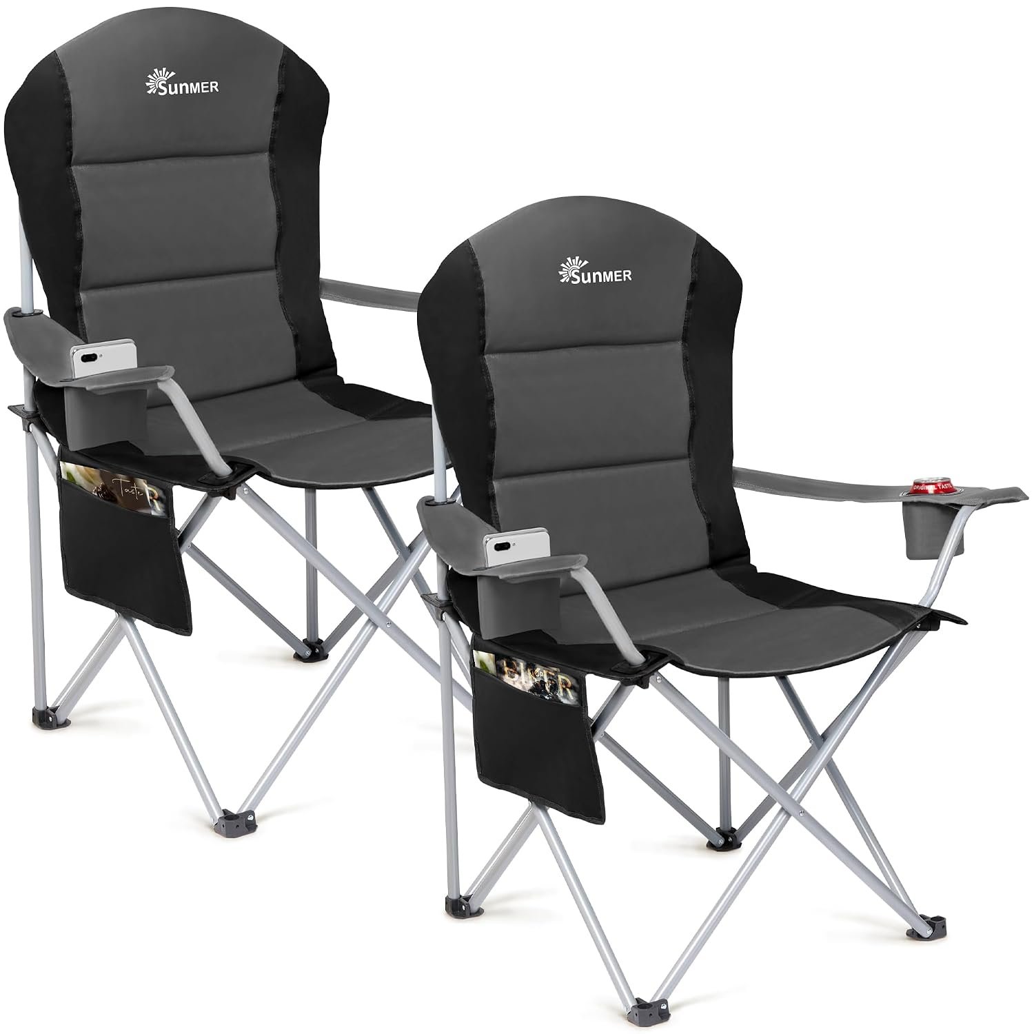 SUNMER Padded Camping Chairs - Set of 2 Deluxe Folding Chairs with Cup Holder and Side Pockets - Holds up to 120kg - Lightweight 3.3kg per Chair - Professional Outdoor & Garden Seating - Dark Grey