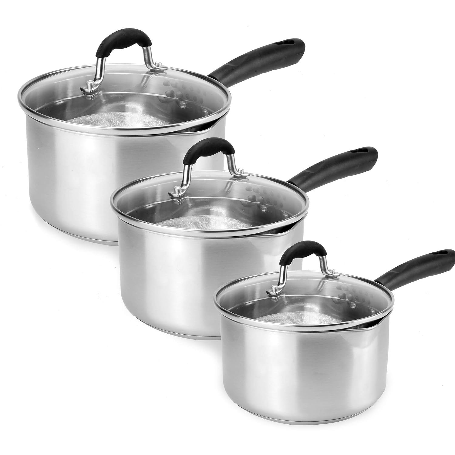 Stainless Steel Saucepan Set 3 Piece (16cm 18cm 20cm) with Glass Straining Lids – Induction & Ceramic Hob Compatible, Pouring Lips | Maison & White