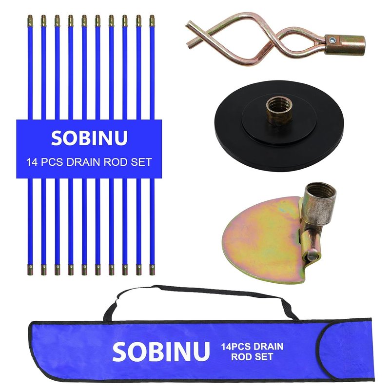 Sobinu Drain Rod Set 14pcs – Professional Drain Unblocker with Carry Bag – Heavy Duty Rods with Brass Connectors, Auger, Plunger & Worm Screw for Blocked Pipes