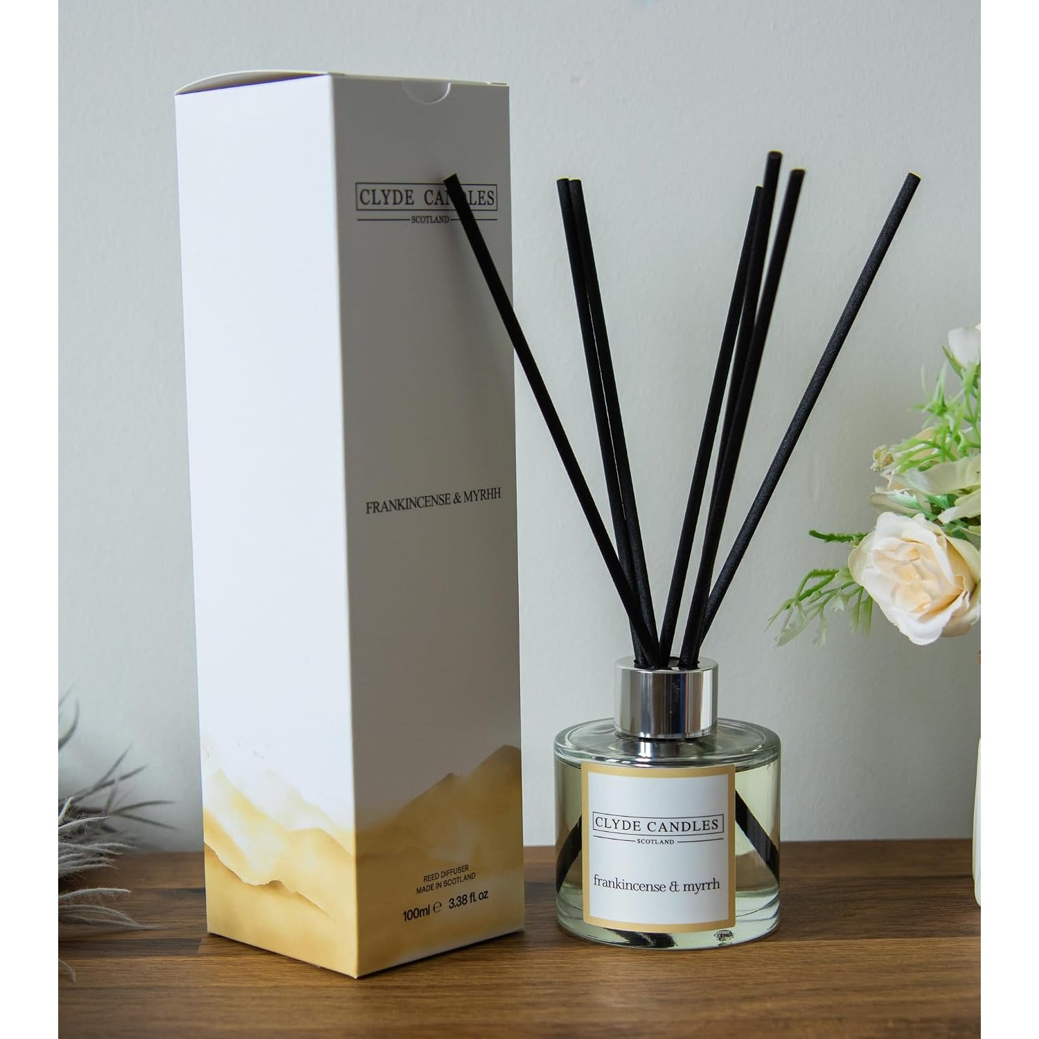 Frankincense & Myrrh Reed Diffuser - Clyde Candles, Luxury Diffuser Oil with a Set of 7 Fibre Sticks, 100ml, Best Aroma Scent for Home, Kitchen, Living Room. Fragrance Diffusers Set with Sticks