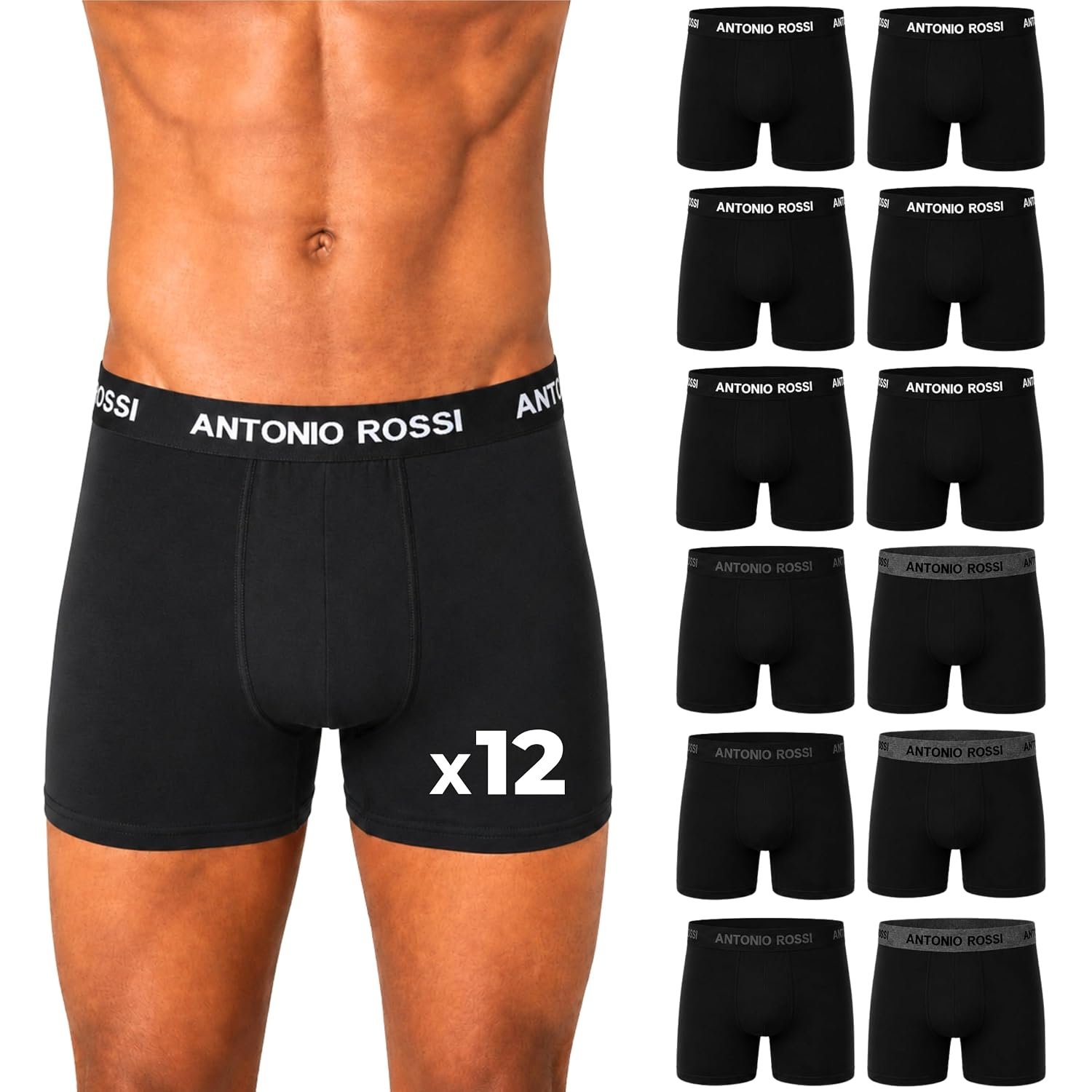 ANTONIO ROSSI Mens (12-pack) Hipsters Fitted Boxer, Black, 5XL UK