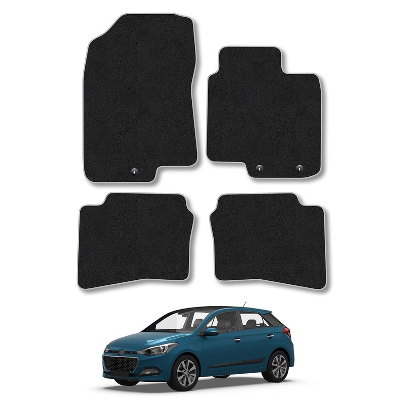 Hyundai i20 (2015-2020) Press stud floor fixing Car Mats Tailored Fit Carpet Floor Mats Non Slip Grey Trim Full Coverage Compatible Accessory Front Rear Set Anti Slip Granulated Backing Hand-Finished