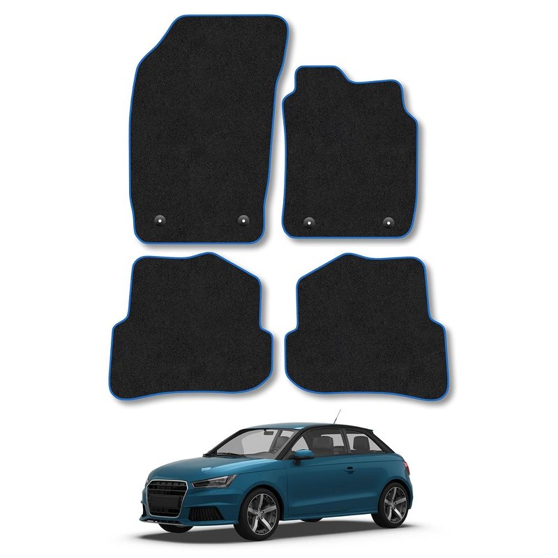 Audi A1 (2010-2019) Car Mats Accessories Tailored Fit Carpet Floor Mats Non Slip Blue Trim Full Coverage Compatible Accessory Granulated Backing Front Rear Set Anti Slip Hand-Finished Clips