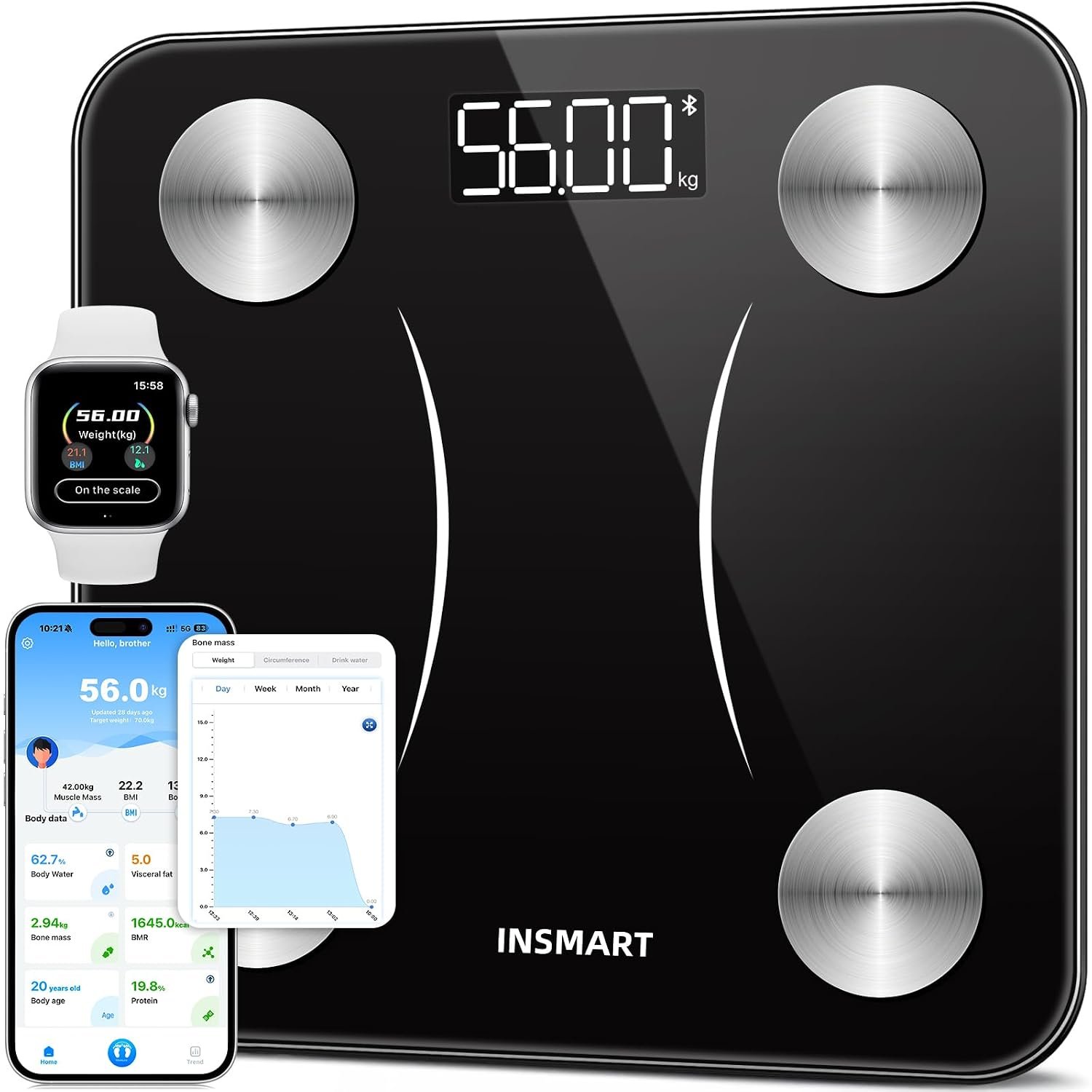 Bluetooth Body Fat Scales, INSMART Smart Digital Bathroom Weight Weighing Scales for Body Composition Analyzer with Smart APP, Body Composition Fitbit Scales for Fitness (ST/LB/KG)