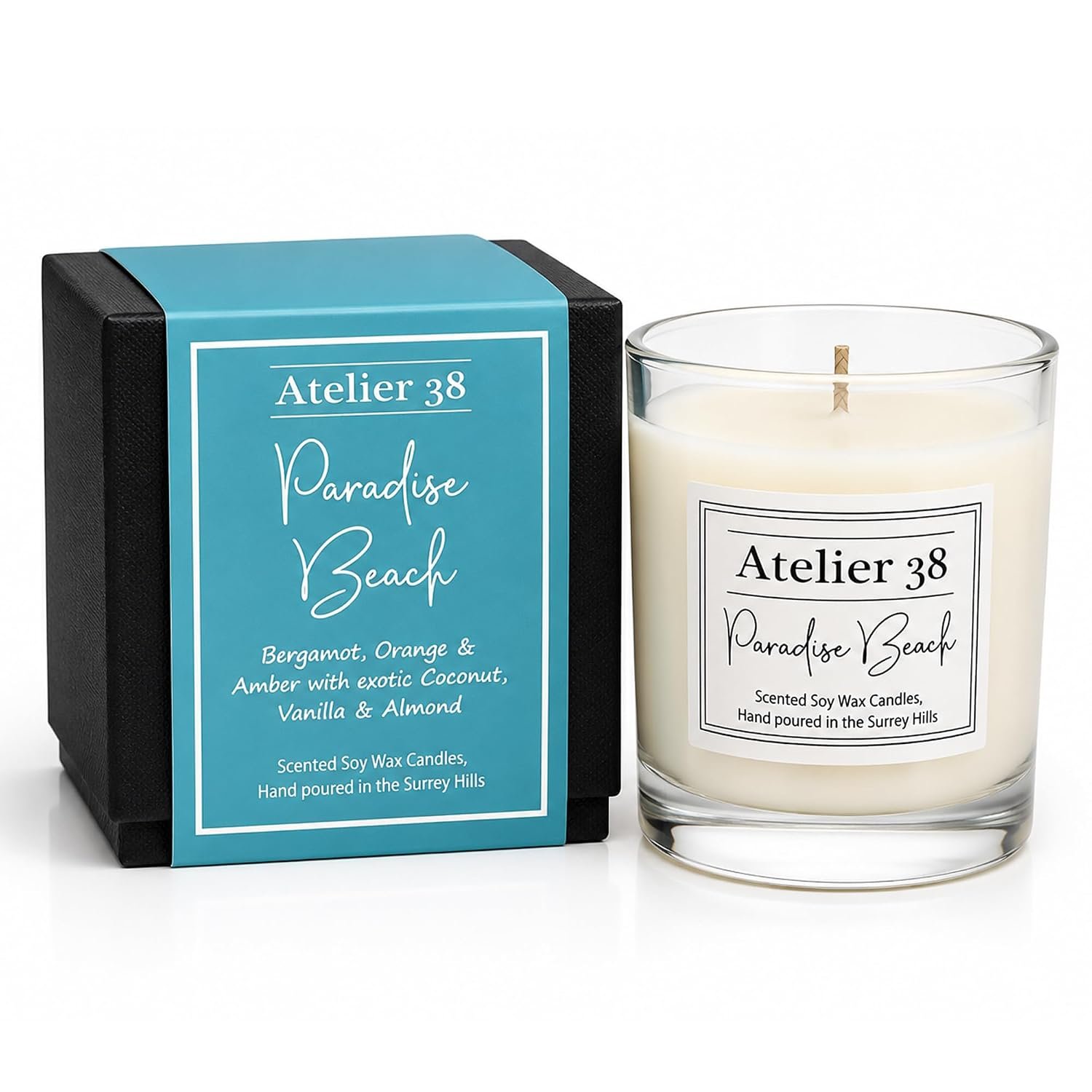Atelier 38 Paradise Beach Scented Candle 210g - Luxury Soy Candle, Up to 50 Hour Burn Time, Candle Jar Home Fragrance, Long Burning Candle, Housewarming Gift, Made in Surrey Hills
