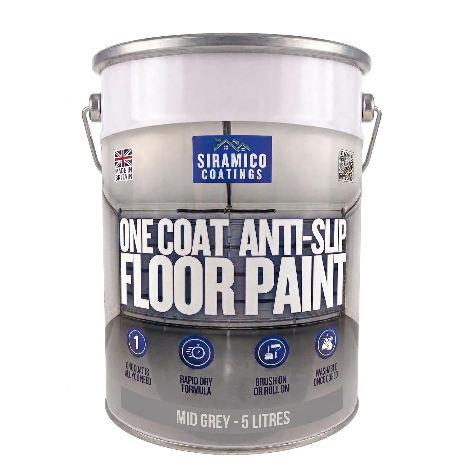 SIRAMICO COATINGS One Coat Anti-Slip Floor Paint | 5 Litres | 5 Modern Colours I Waterbased, Quick Drying Formula | White, Black, Greys (Mid Grey, 5 Liters)
