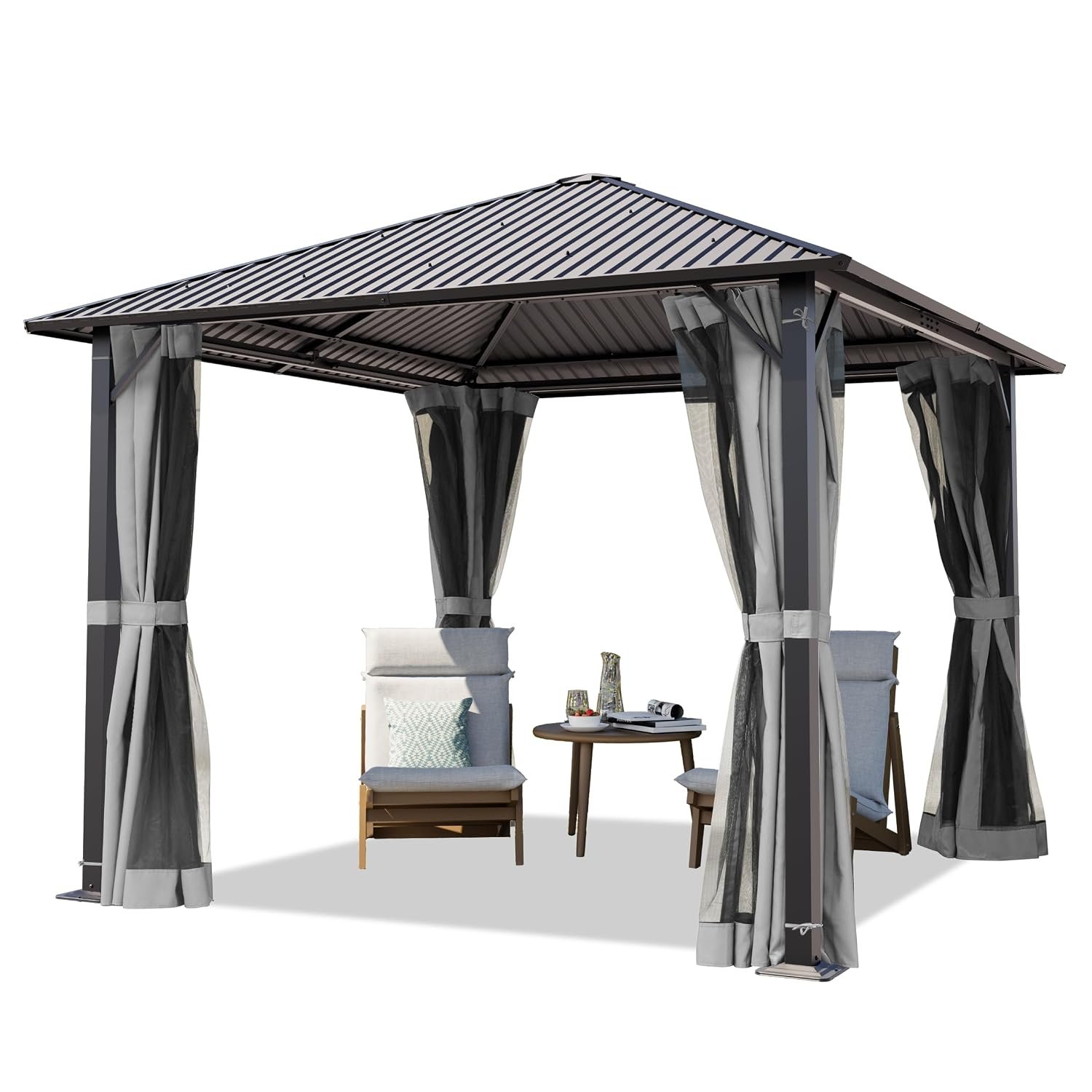 TOOLPORT Garden Gazebo 3x3 m with Steel Roof - Hardtop Pavilion with 4 Curtains and 4 Mosquito nets in grey