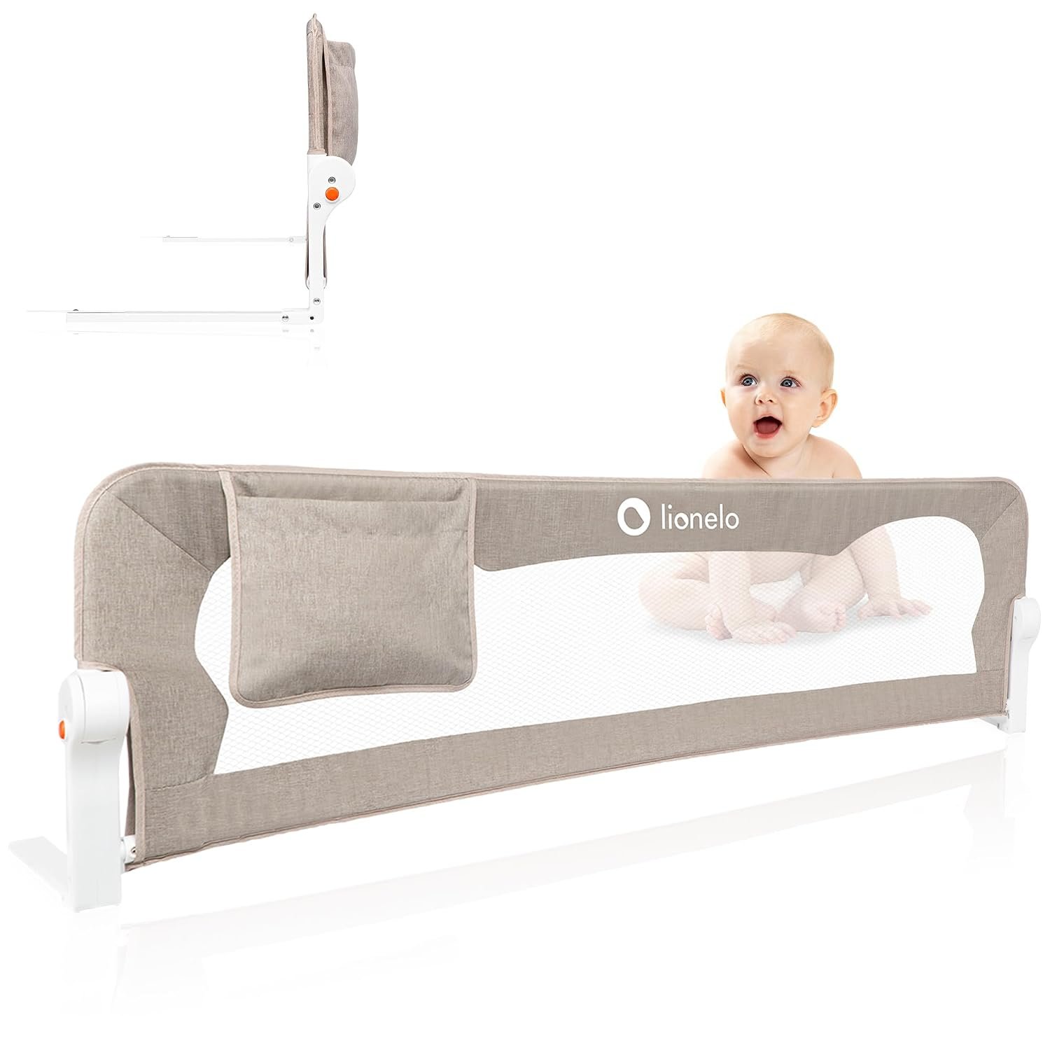 lionelo Eva Universal Bed Guard 150 L x 42cm H, Child Safety barrier with 180° Recline Foldable Design, StandSafe lock Storage pocket, Sturdy Durable Bedside Safety Gate for Children (Beige)