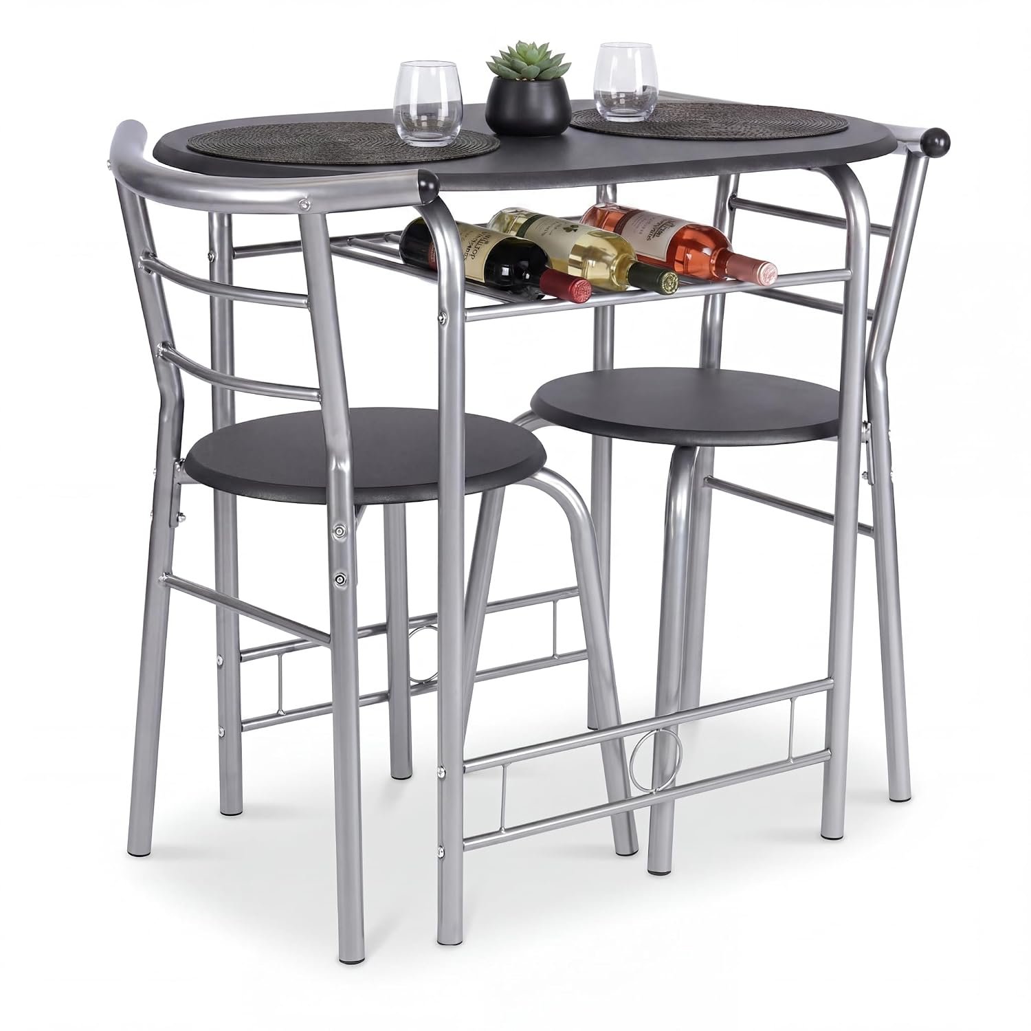 Bravich Compact 3 Piece Dining Set, Small Space Saving Bistro Table and 2 Chairs with Storage Shelf, Kitchen Breakfast Table Set for 2, Black & Silver