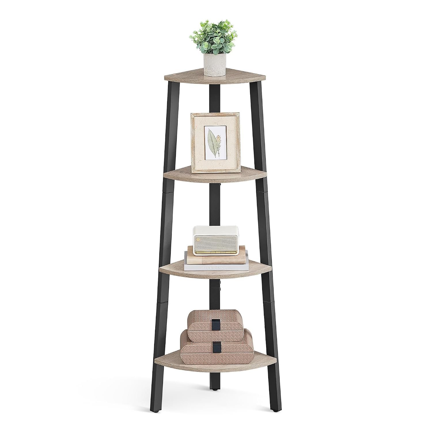 VASAGLE Corner Shelf Unit, 4-Tier Corner Shelf, Ladder Shelf for Living Room, Bookshelf or Plant Stand, Industrial Accent Furniture, Greige and Black LLS034M01