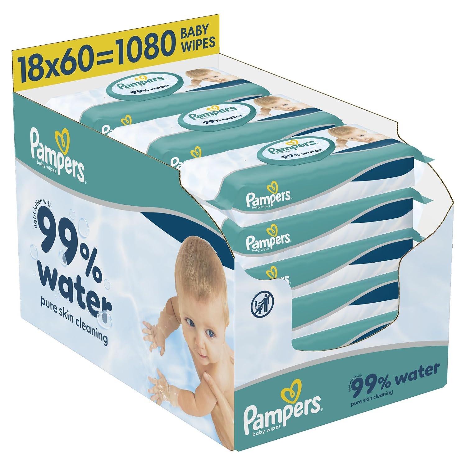 Pampers 99% Water Baby Wipes Plastic Free, 18 Packs of 60 Wipes = 1080 Baby Wet Wipes, Light Lotion with 99% Water