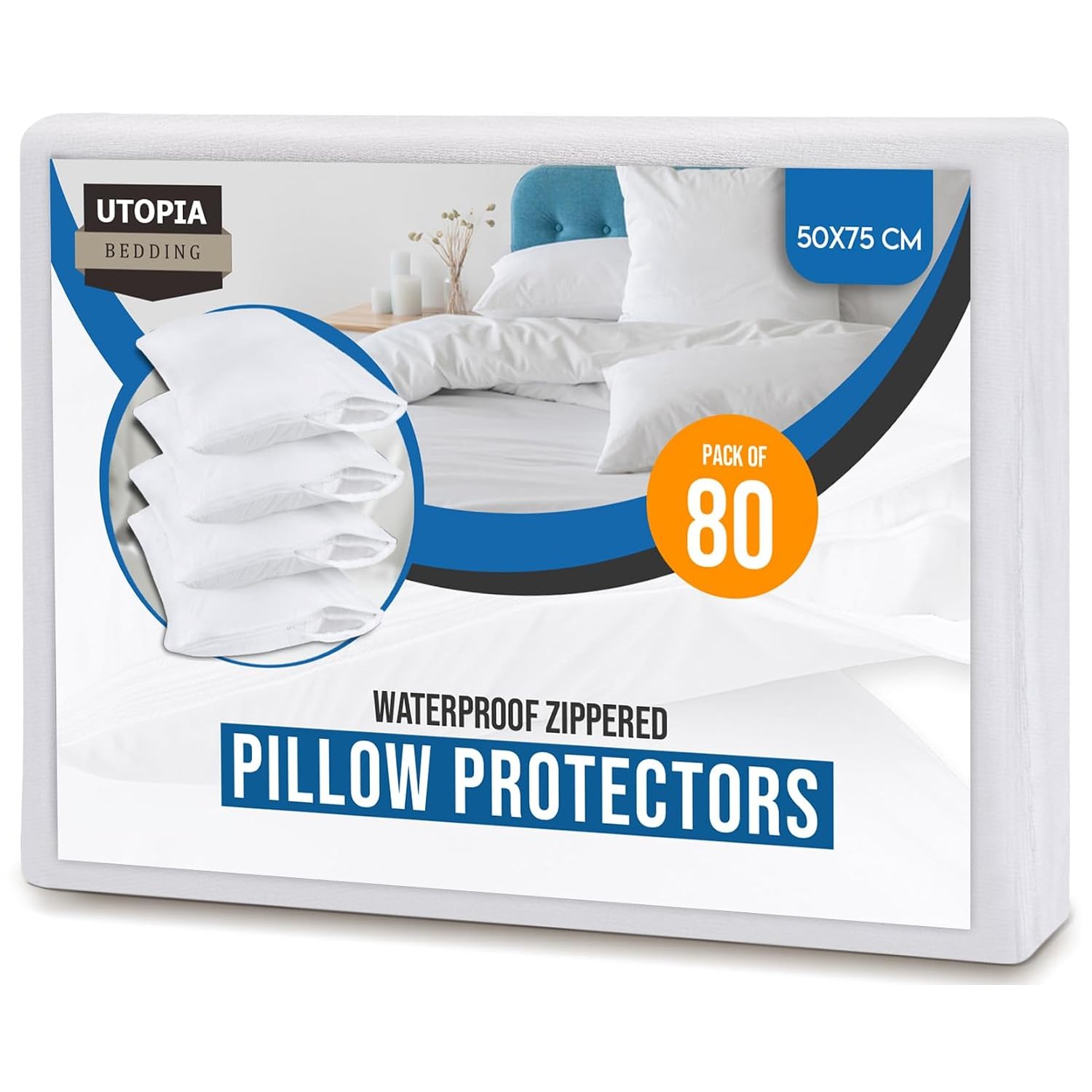 Utopia Bedding Waterproof Zippered Pillow Protectors (Size - 50 x 75 cm) - Pack of 80 - Anti Bed Bug and Dust Mite Proof Pillow Encasement