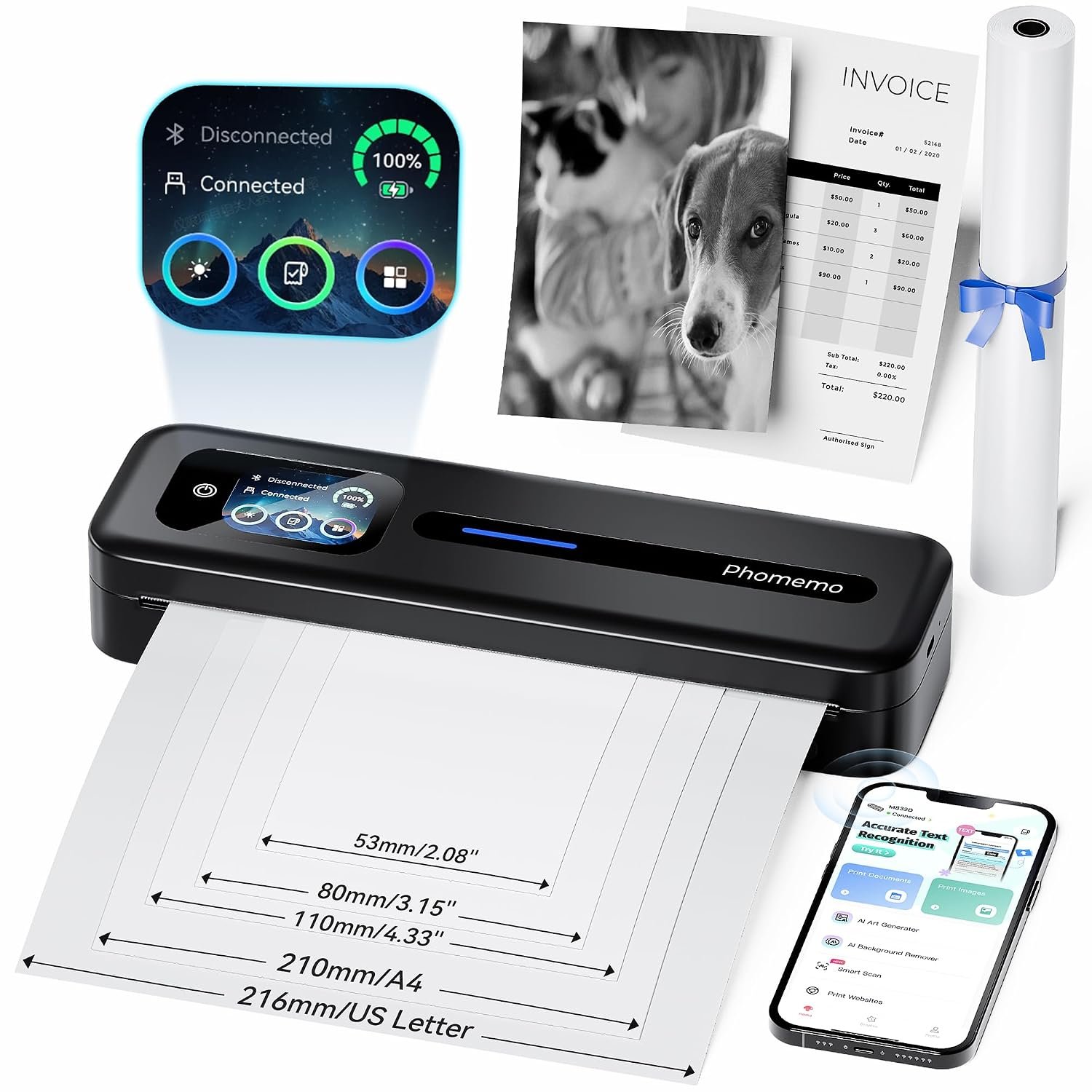 Phomemo M832D Portable Thermal Printer, A4 Touchscreen Bluetooth Inkless Printer for Home & Office, 300dpi Mobile Printers Compatible with Phone & Laptop, Wireless Printers for Business Trip, School
