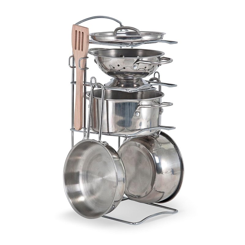 Melissa & Doug Stainless Steel Pots and Pans Pretend Play Kitchen Set for Kids (8 pcs) Children Cooking Accessories Set, Toy Pots And Pans, Cooking Toys For Kids Ages 3+
