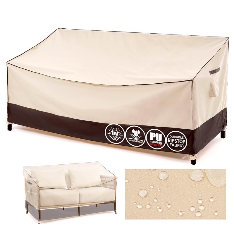 F&J Outdoors Garden Sofa Covers Waterproof 3 Seater Bench Cover Deep Seat Couch Protective Covers Rattan Patio furniture Cover 600D230g PU Coating Rip-stop Fabric (Beige 208x99x61/89cm)