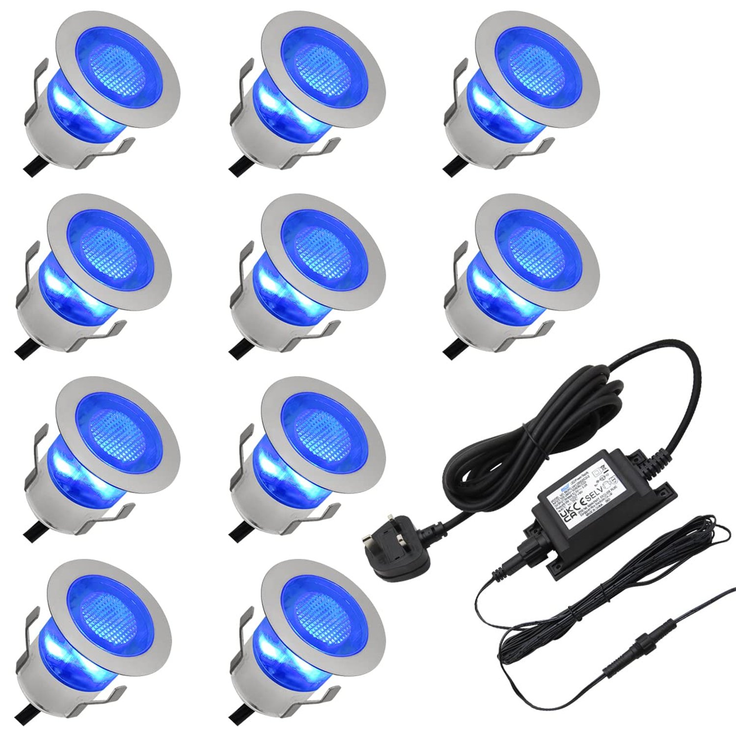 Long Life Lamp Company IP68 Outdoor LED Decking Lights 30mm Round Blue 10 Kit DEC10BL