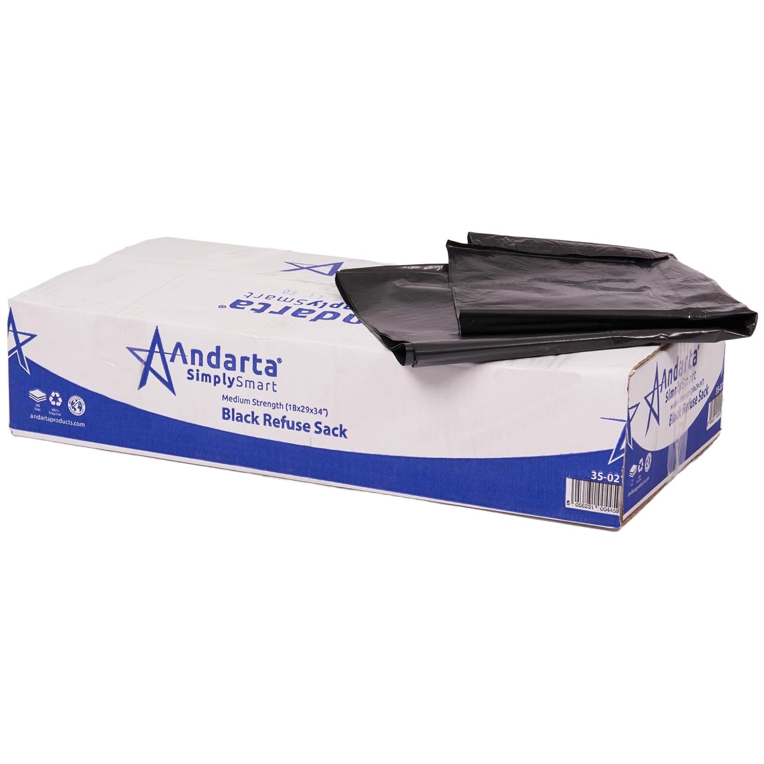 Andarta - Medium Duty Black Refuse Sacks - Bulk Box of 200 (90L Capacity) - Puncture Resistant and Odourless Black Bin Bags - Made from Recycled Materials - For Home Use and General Waste
