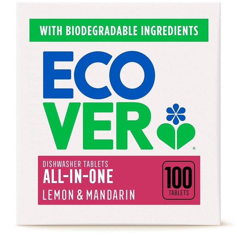 Ecover Dishwasher Tablets All-in-One with Dishwasher Salt and Rinse Aid, Powerful Cleaning, Mandarin & Lemon Fragrance, 100 Tabs Pack