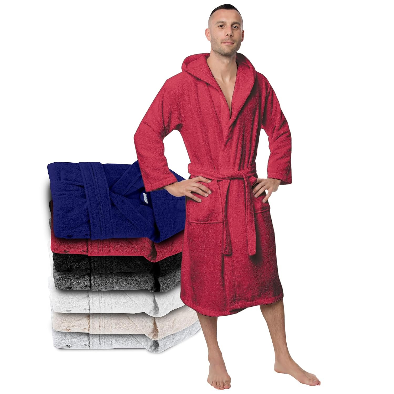 Bathrobe Men 100% Cotton OEKO-TEX® Certified - XL Burgundy - Premium Dressing Gown Men & Women Absorbent Towelling with Hood, 2 Pockets, Belt