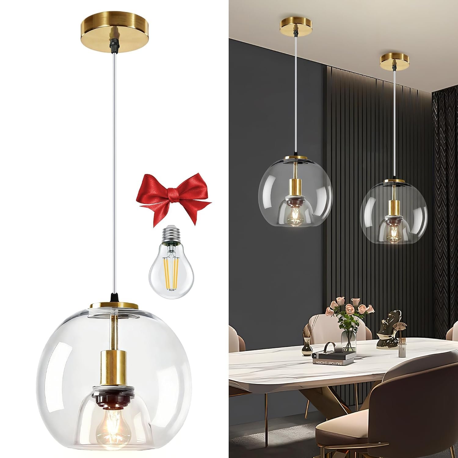 Bravsekai Glass Pendant Kitchen Island Light, 1 Pack Clear Glass Pendant Lighting fixtures with Extra 2 Bulbs,Adjustable 150cm Cord, Modern Light for Kitchen Island,Dining Room(23cm, 1-Pack)