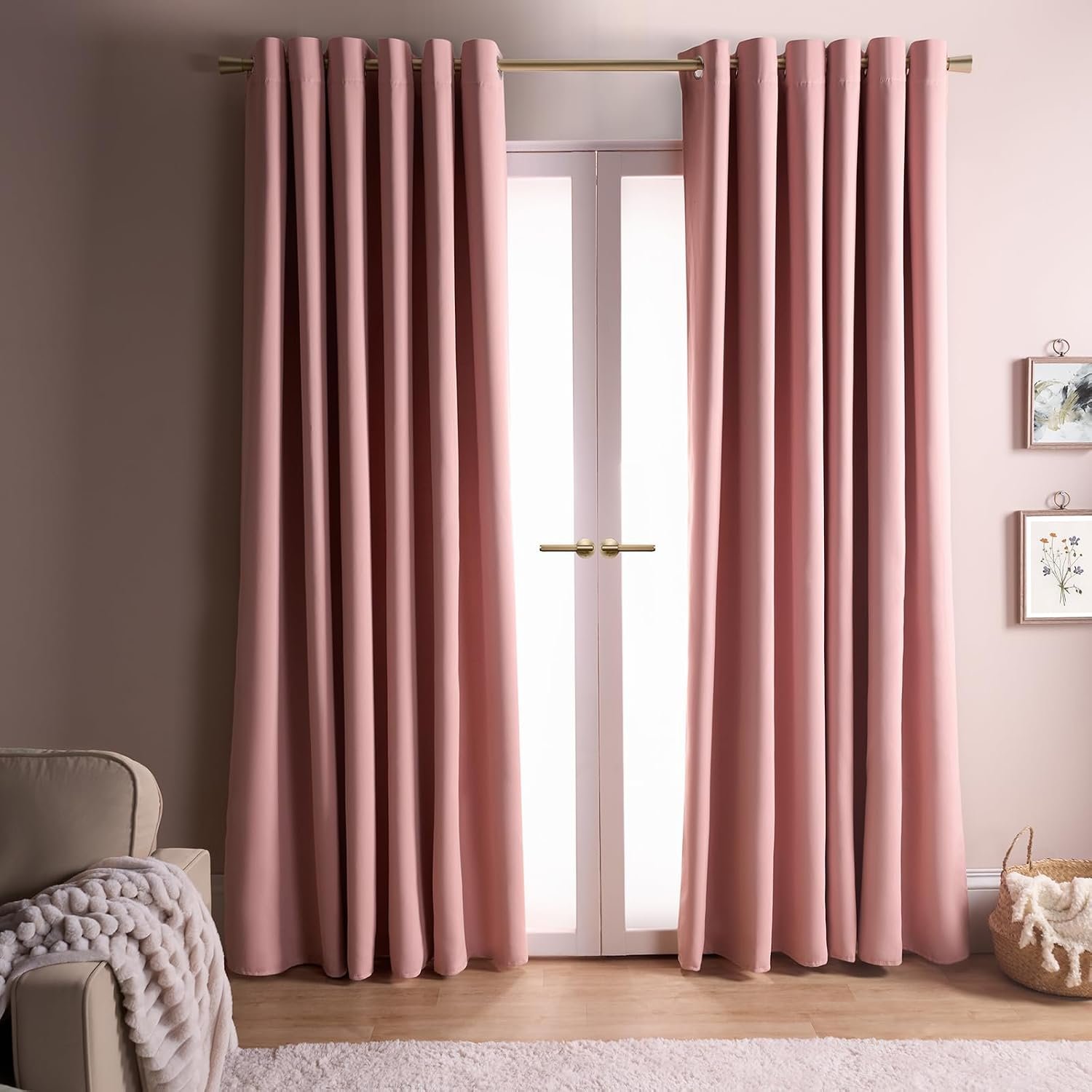 Dreamscene Curtains Pink Eyelet, Decorative Lined Curtains for Summer Winter Blackout Thermal Long Curtain for Living Room Bedroom Soft Modern 2 Panels, 66x90