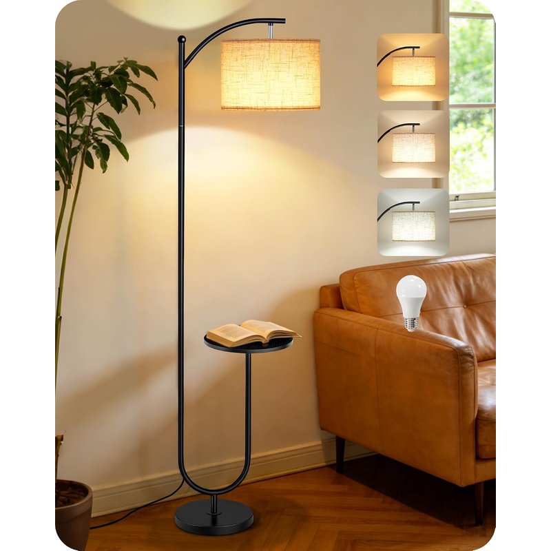 GOEBLESON Floor Lamp with Storage Shelf, 3 Color Temperatures, Memory Function, Adjustable Head, with Natural Linen Shade, Foot Switch Control, for Living Room, Bedroom, Black and Beige ZBE22LDK05