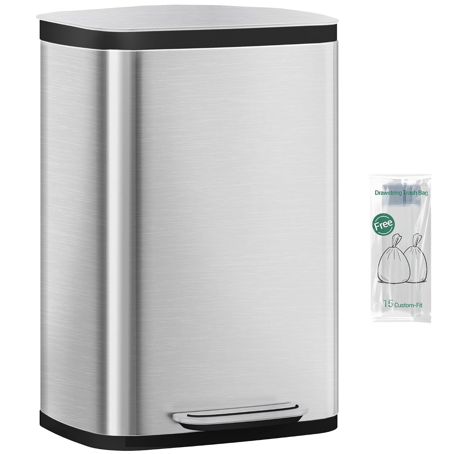 Hzuaneri Kitchen Bin 50 L, Pedal Bin with Soft-Close Lid, Stainless Steel Rubbish Bin with Handle, Removable Inner Buckets, 15 Inner Buckets, Silver SW15099E