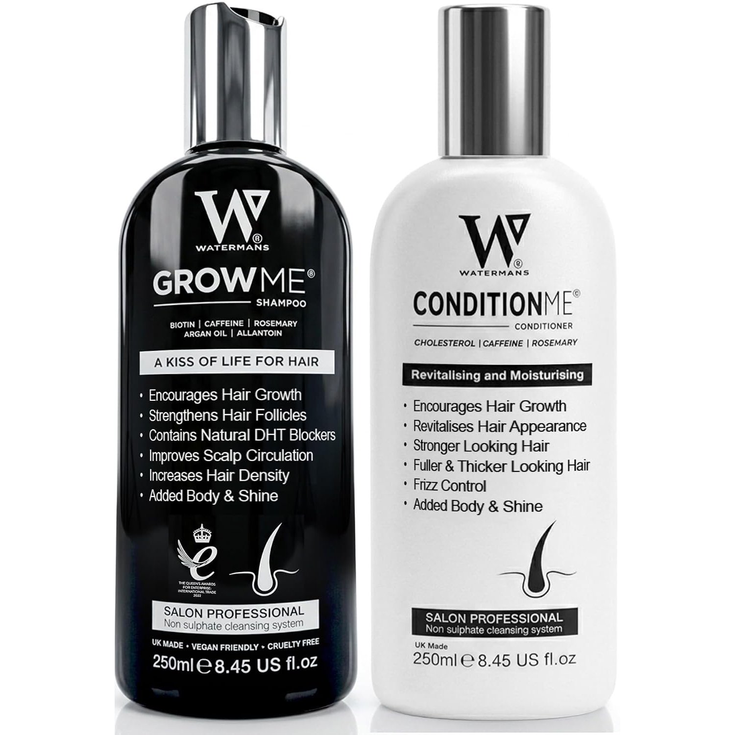 Hair Growth Shampoo & Conditioner by Watermans UK Biotin, Argan Oil, Allantoin, Rosemary, Niacinamide, Lupin. Male & Female Hair Loss Products