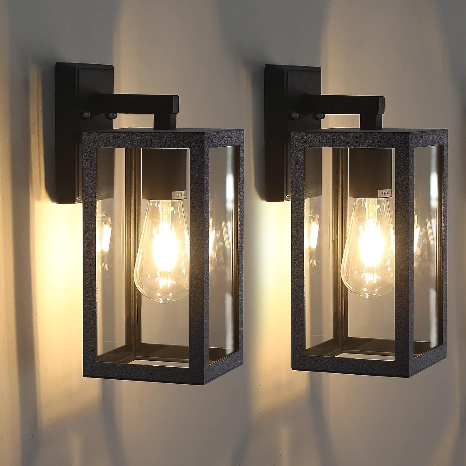 BRIMMEL Outdoor Wall Lights Black Wall Lantern Porch Light, Aluminum Exterior Wall Lanterns with Clear Glass Shade Anti-Rust Outdoor Wall Sconce Light Fixture, Matte Black, 2 Packs