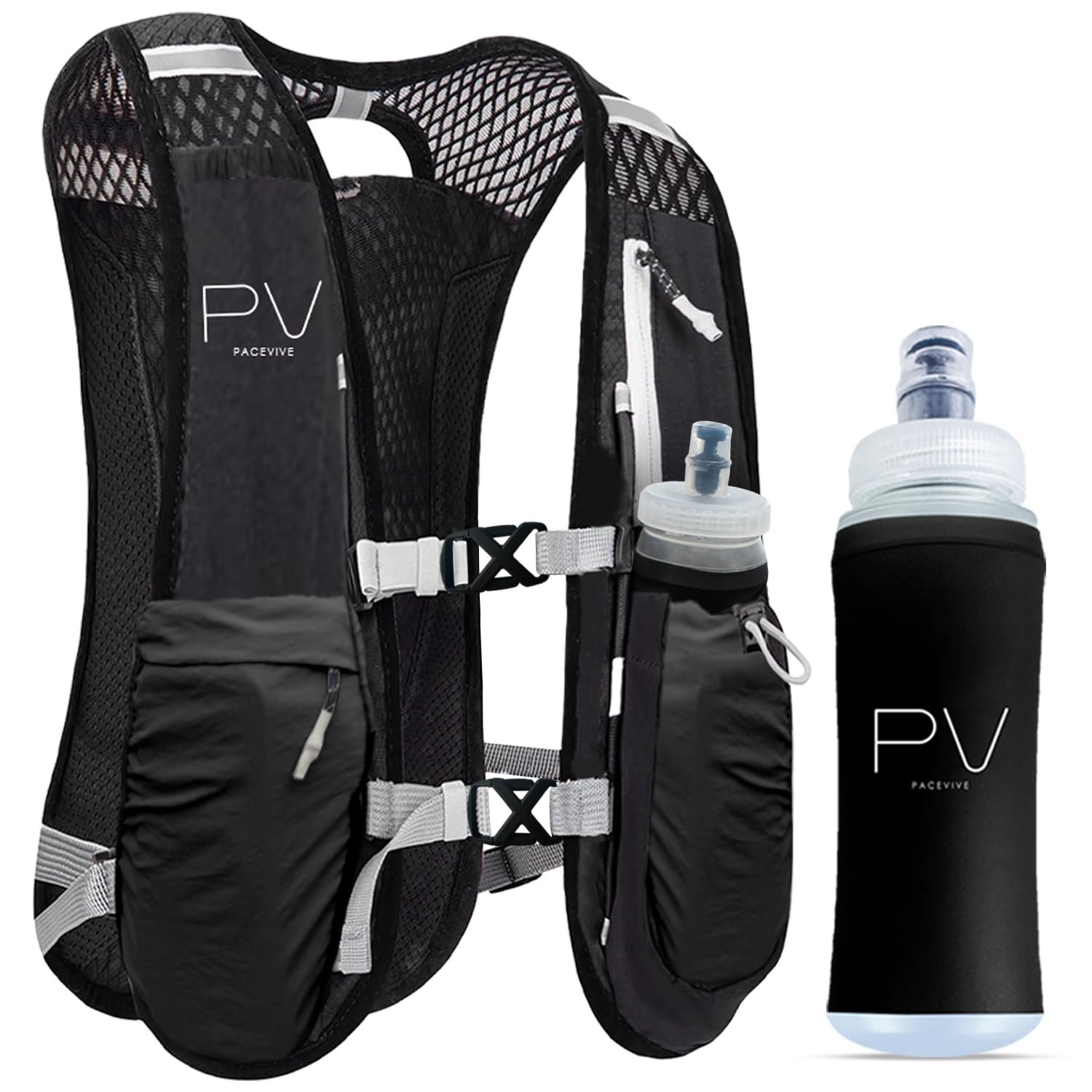 Running Vest Men and Women with 500ml Soft Water Bottle - Lightweight Hydration Vest with 6 Pockets and Waterproof Phone Pocket - Reflective Trail Running Backpack for Marathon , Hiking , Cycling