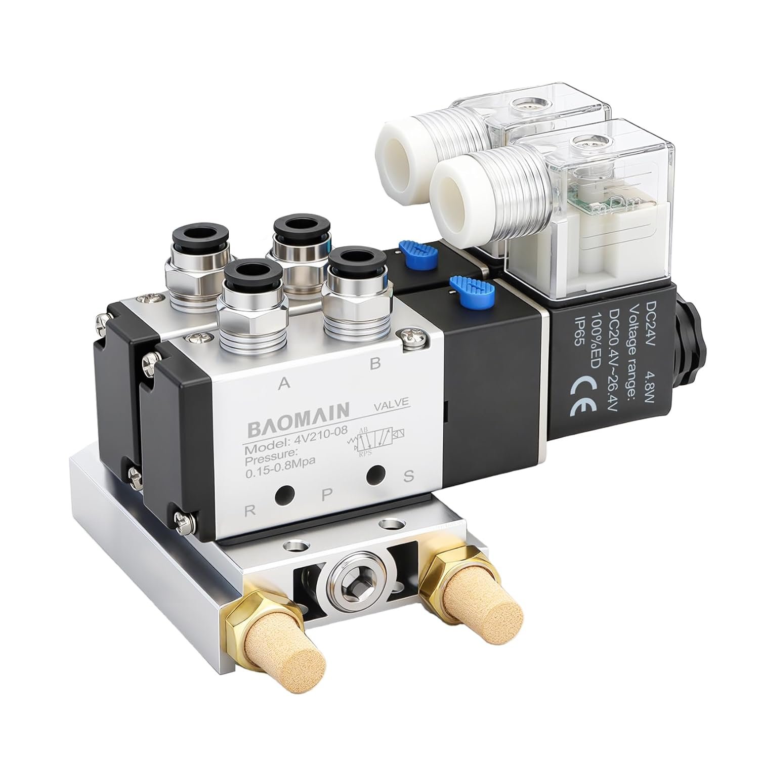 BAIMAIN 2 Station Pneumatic Solenoid Valve Set 4V210-08 DC 24V, 5 Way 2 Position Control, 1/4" PT Port, Manifold Base with Quick Fittings & Silencers, Industrial Air Valve Kit