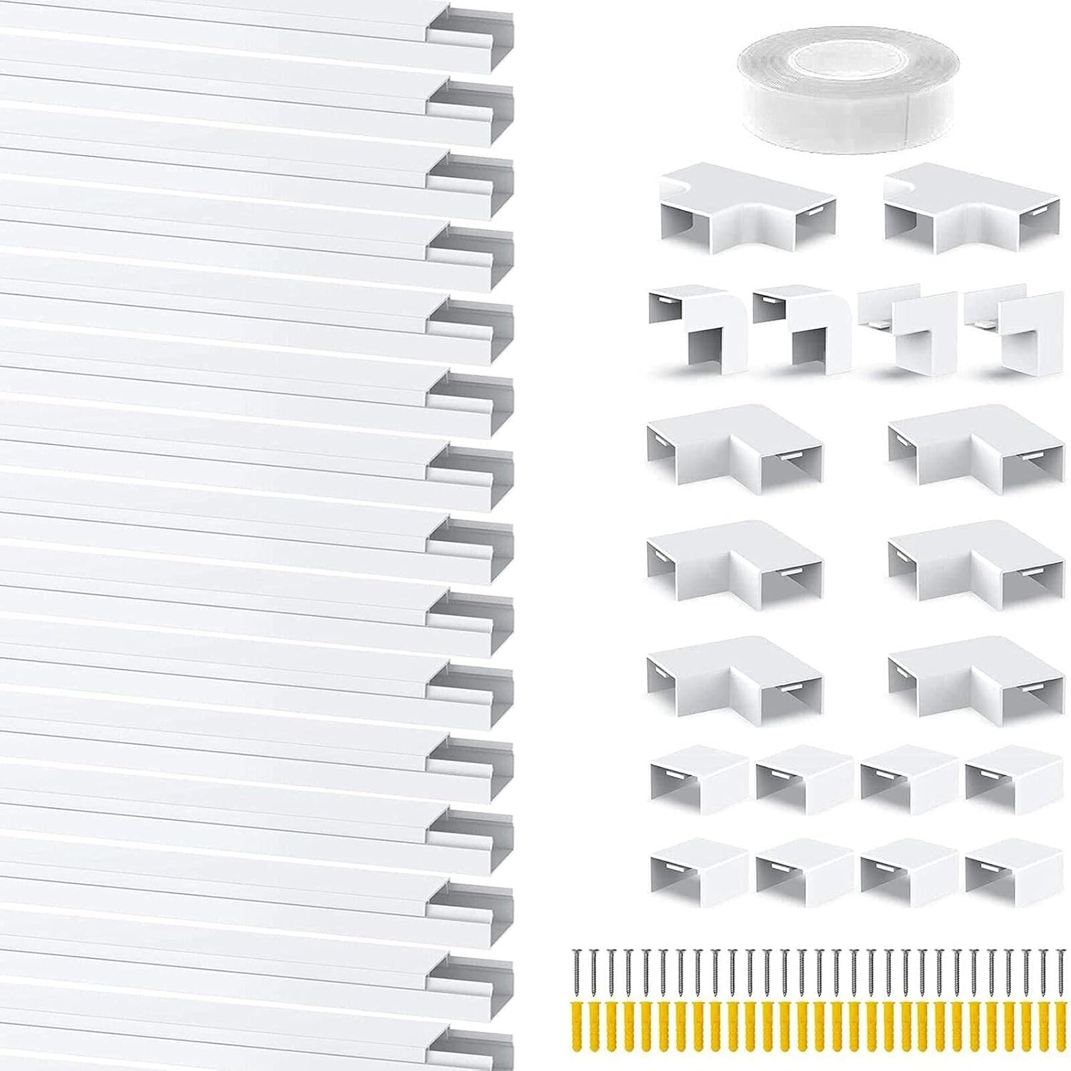 Cable Trunking Kit 15 Pack 400mm Self Adhesive Wire Cover PVC Cable Management with Connectors Elbows Corners Paintable White Wall Mounted Cord Hider 6m Total Length