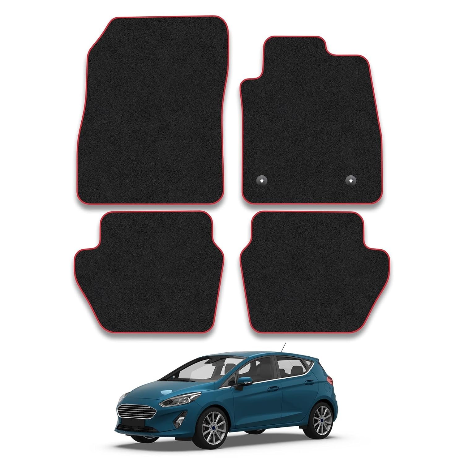 Ford Fiesta (2017+) Compatible Car Mats Accessories Carpet Tailored Fit Red Trim Binding Full Coverage Anti-Slip Accessory Anti Slip Backing All Weather Hand-Finished Full Coverage with Clips