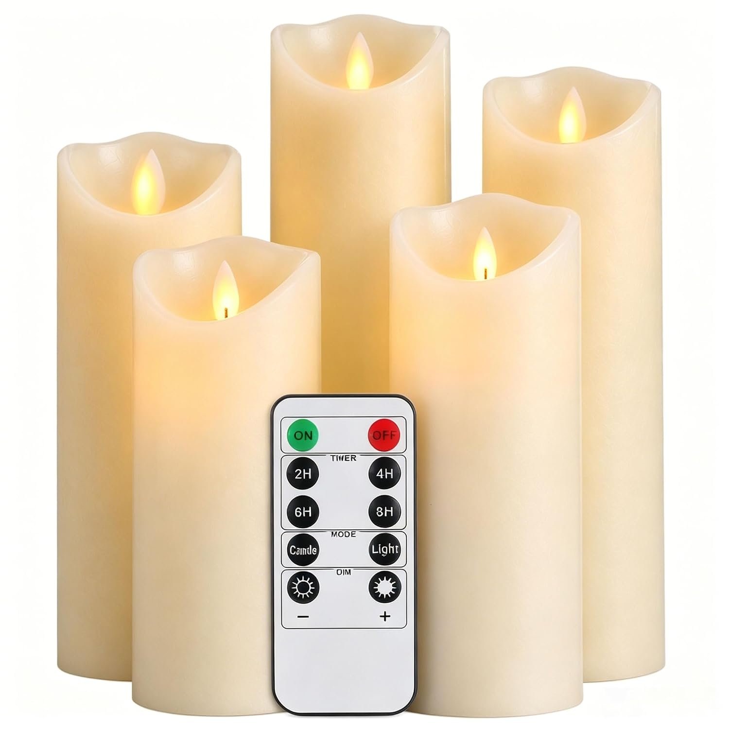 Da by 5 Pack Ivory Paraffin Wax Flameless Candles, Realistic Moving Wick Flickering LED Pillar Candles with Remote Control, Battery Powered Soft Warm Lights for Home Wedding Indoor Outdoor Decor