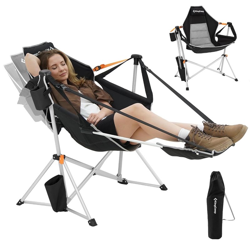 KingCamp Hammock Camping Chair with Footrest, Swinging Camping Chair Portable Folding Camp Chairs for Adults 400lbs Heavy Duty Rocker with Cup Holder Pillow for Outdoor Beach Patio Sport Lawn