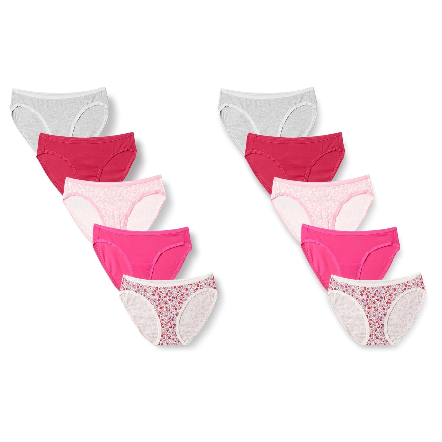 Amazon Essentials Women's Cotton Bikini Brief Underwear (Available in Plus Size), Pack of 10, Grey/Pink/Flowers, 10