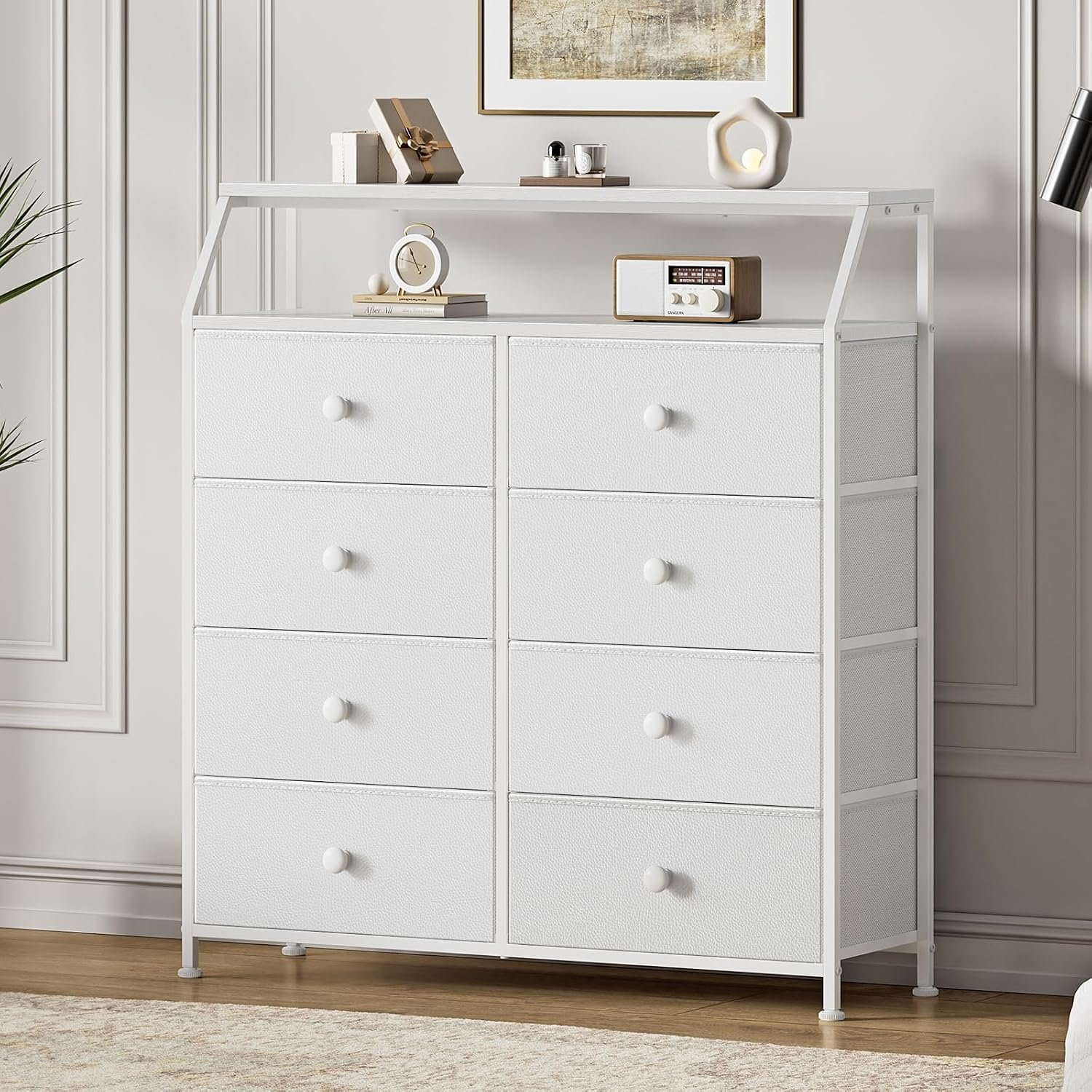 Mossora Chest of Drawers with 8 Drawers, White Dresser for Bedroom with Shelf and 2Pcs Wooden Top, Large Storage Organizer Unit for Closet, Living Room, Entryway