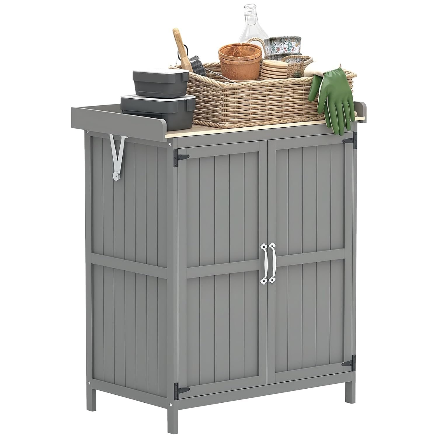 Outsunny Wooden Garden Shed, Garden Tool Storage Shed with Hinged Roof and Shelf, Outdoor Storage Cabinet with Double Doors, Grey