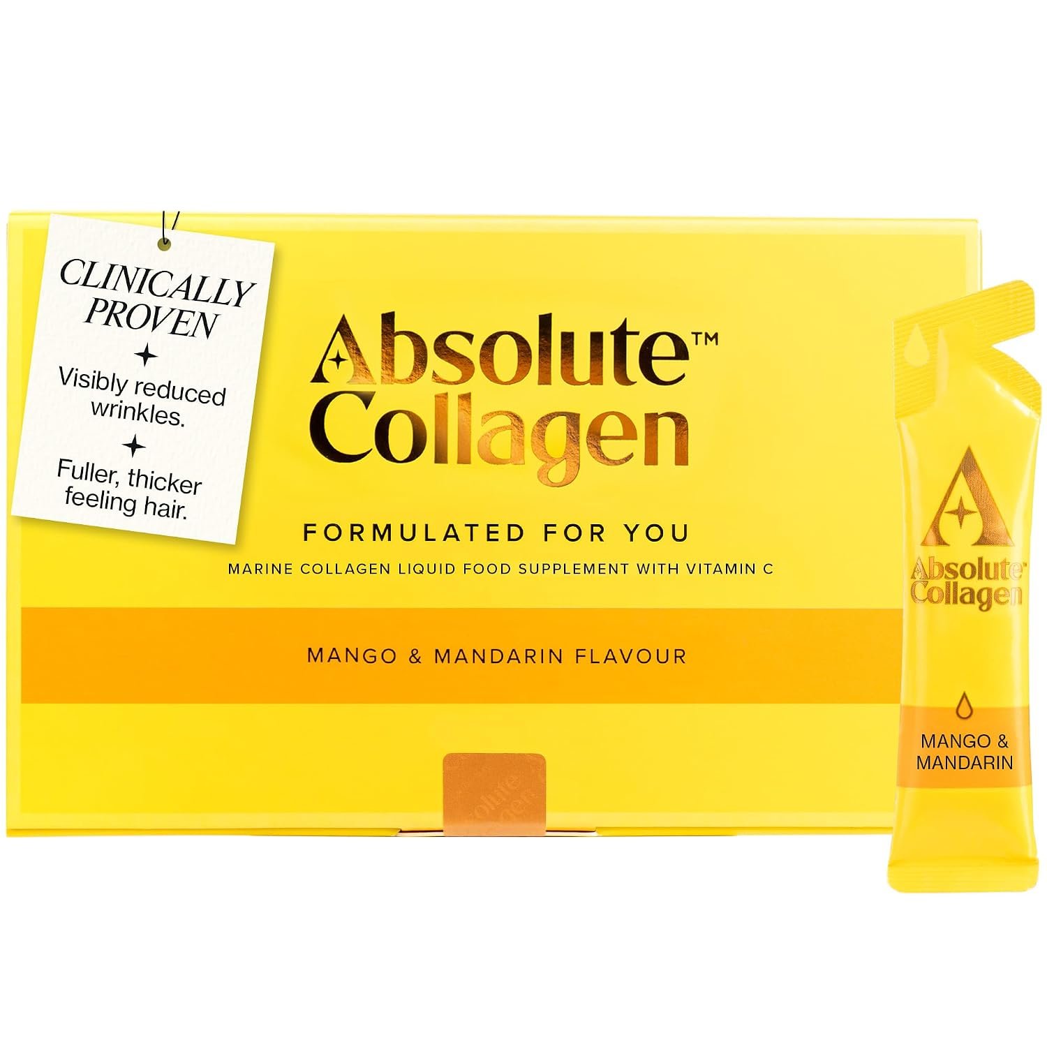 Absolute Collagen Marine Liquid Collagen Supplement for Women | New Mango & Mandarin Flavour, Supports Hair, Nail & Skin Health, 8000mg of Hydrolysed Collagen per Sachet, Vitamin C | 14 Sachets